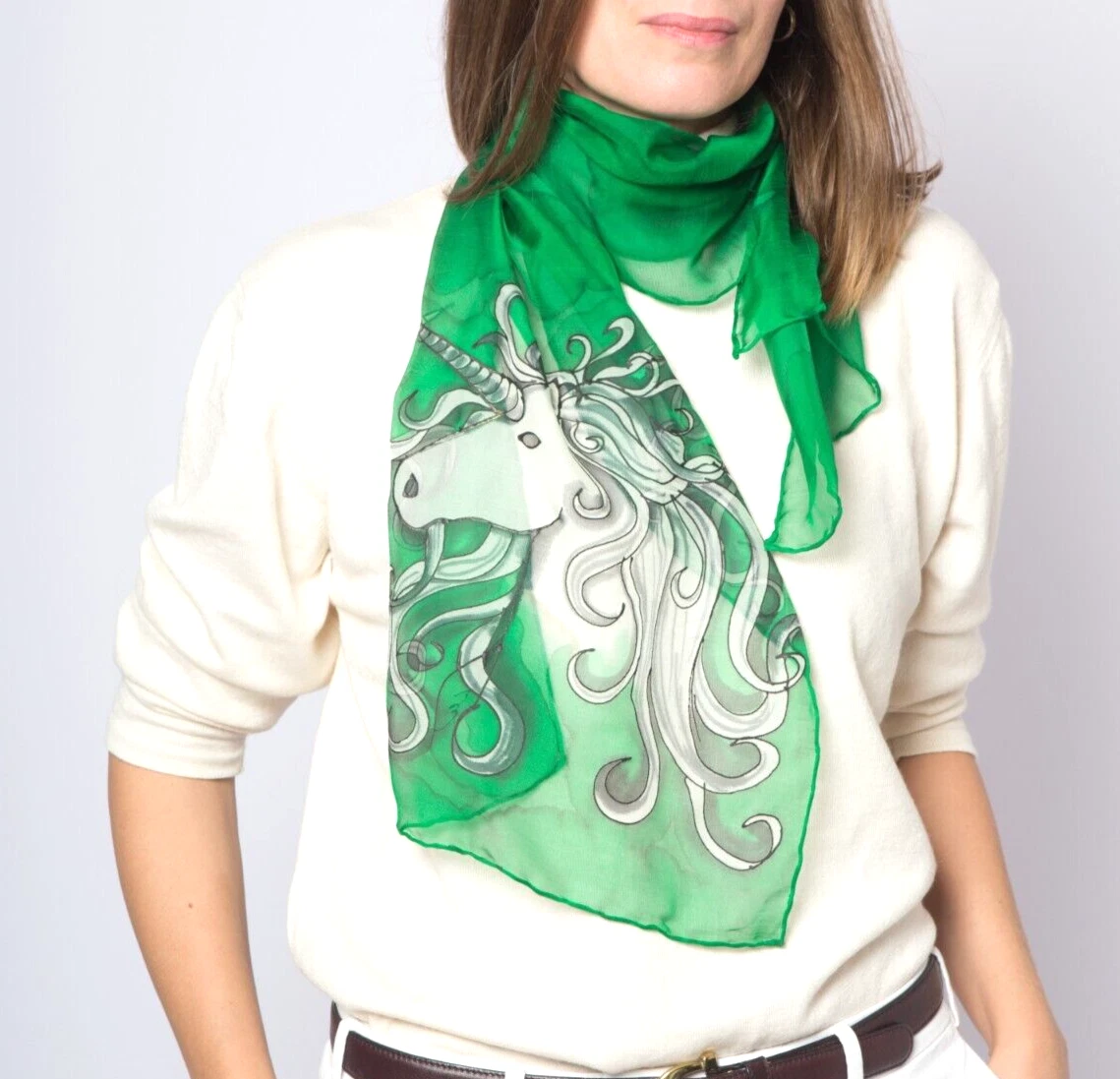 Unicorn Hand Painted Silk Scarf Green Silk Scarf Unicorn Print Unicorn Gifts