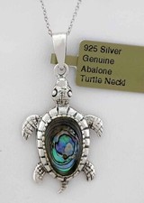 GENUINE ABALONE SHELL TURTLE PENDANT NECKLACE .925 STERLING SILVER -New With Tag