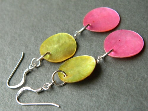 Mother of Pearl Pink & Metallic Yellow Shell Discs, 925 Sterling Silver Earrings - Picture 5 of 14