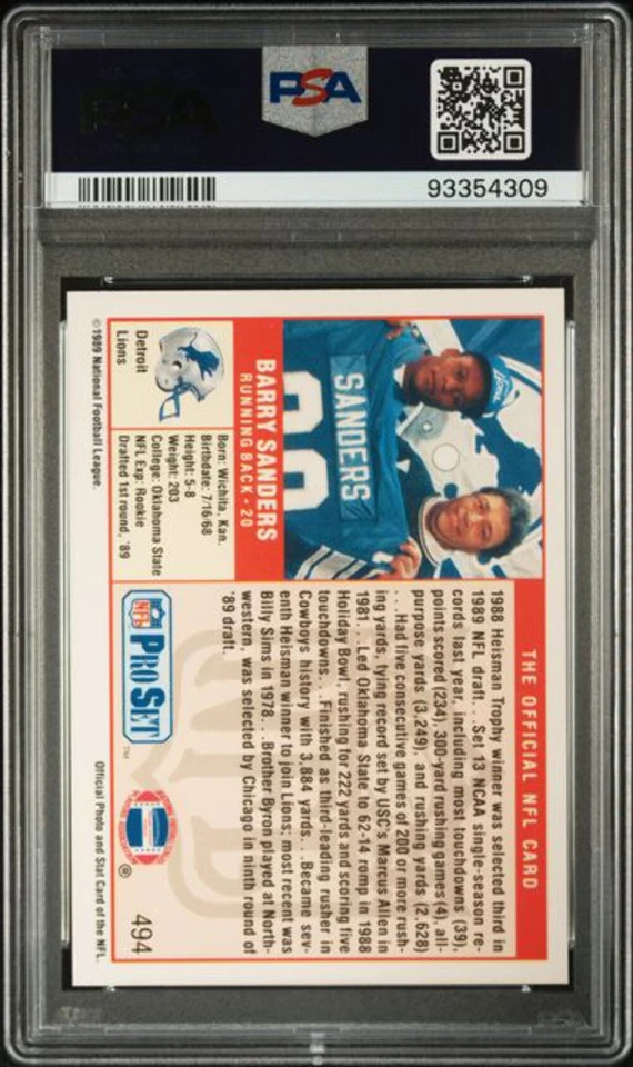 Tarjeta de fútbol americano de radiocontrol de novato Barry Sanders #494 Pro Set 1989 graduada PSA 10 gemas como nueva Foto 2 de 2