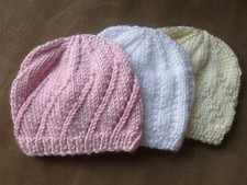 PREEMIE 5-7lbs Set of 3 BABY HATS . Hand Knitted Pink, White, Cream