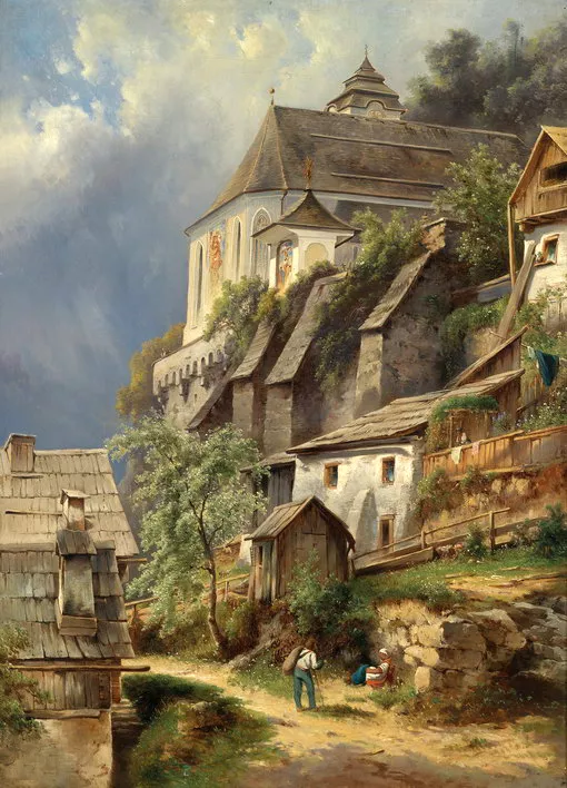 Oil painting great buildings old village in sunset landscape with