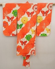 6520T06z420 Vintage Japanese Kimono Silk Girl's Butterfly Tomato red