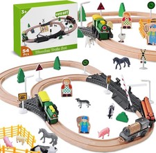 Wooden Train Set 54-Piece Toy Train Magnetic Set with Farm Animals, Durable Trac