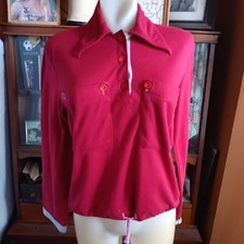 Large True Vintage Boho Top 1970's Red Long Sleeve Polo Collar Waist Tie Hippy