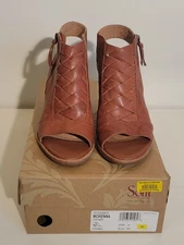 Sofft Shoes Womens 9 Medium Cognac Woven Leather McKenna 3" Heel Open Toe