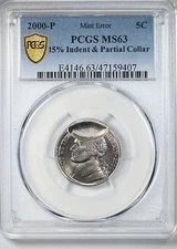 2000-P Jefferson Nickel 5C PCGS MS63 - Mint Error 15% Indent & Partial Collar