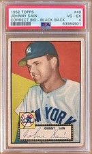 1952 Topps JOHNNY SAIN Correct Bio #49 Black Back PSA 4 New York Yankees
