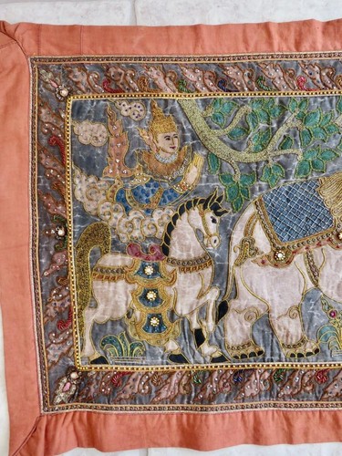 Antique Burmese Kalang Tapestry FAB Hand Embroidered Beads Gold Thread 42x23" - Picture 6 of 12