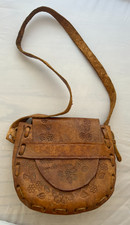 VTG 70s Tooled Leather Brown Bag Crossbody Shoulder Sling Purse 7"x7" Western