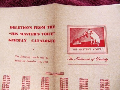 1951 DELETIONS ''His Master's Voice'' Ethnic German CATALOG HMV Record Plum Label