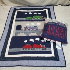 Pottery Barn Kids Thomas the Train Blue Toddler Baby Crib Quilt Blanket Pillow