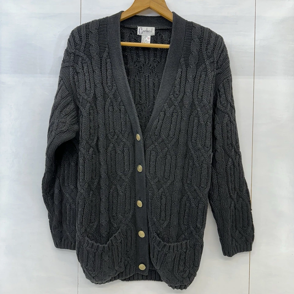 Винтажный Carducci женщин тяжелый кабель трикотажа черный кардиган длинным рукавом кнопка карманы L - Изображение 4 из 4
