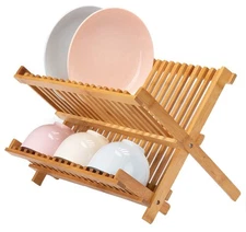 Collapsible Bamboo Dish Drying Rack - Plate Holder Cup Strainer for Bowls