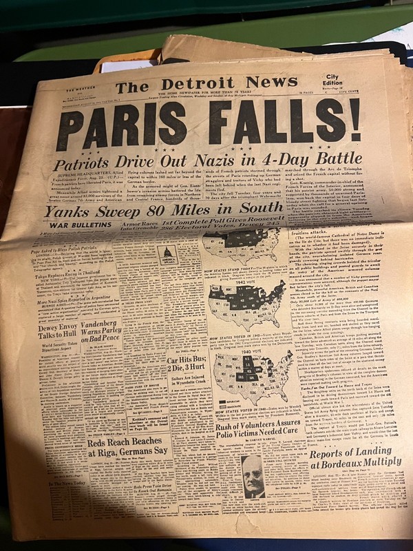 detroit newspaper Paris falls 1944 war history memorabilia