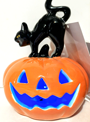 #ad #ad 5.7quot; Ceramic Pumpkin w Black Cat Color Changing LED Halloween Decor New $14.00