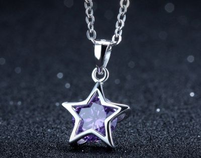 Sterling Silver Purple Amethyst Crystal Star Pendant Chain Necklace Gift Box A21