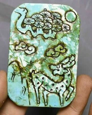 7.5CM China Hongshan Culture Old Turquoise Carving Pine Tree Sika Deer Pendant