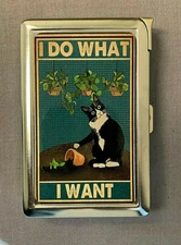 I Do What I Want Cat Cigarette Case with Built in Lighter Metal Wallet 