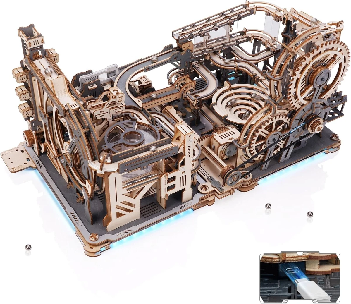 ROKR 3D Puzzle Wood Spaceport Marble Night City with Linkage Model Adult Gift