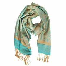 Pashmina Shawl Women Paskmlna Paisley Jacquard Wrap Turquoise/Gold Holiday Gift