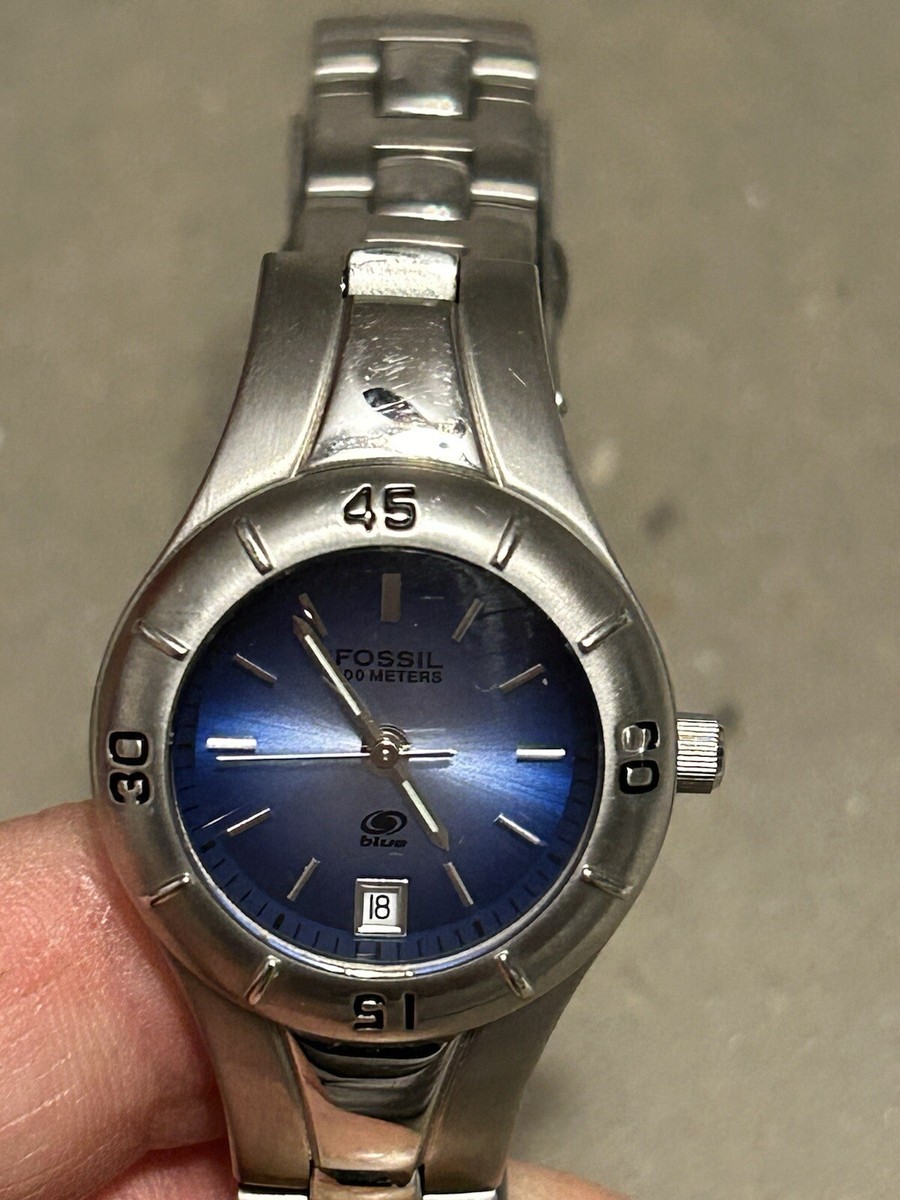 Fossil 100 Meter Womens Watch AM-3762 Blue Dial Silver Tone Band