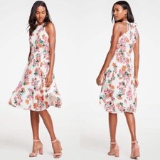 ANN TAYLOR Petite 4P Cream Floral Bow Back Halter Lined Flare Dress $149 (U430)
