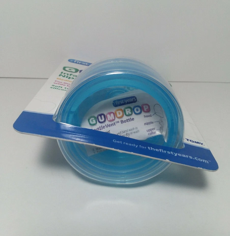 TOMY GumDrop Infant Nipples 2 Pack Blue 3m+ The First Years Medium Flow BPA Free - Image 3 of 4