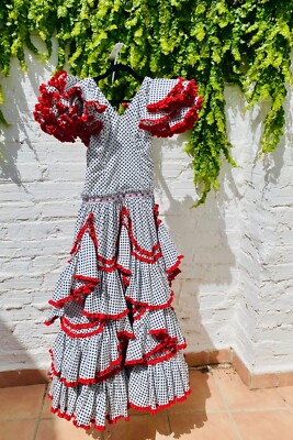 Waist 29'', Vintage Authentic Spanish Flamenco Gypsy Dress Frida Kahlo, Red Black