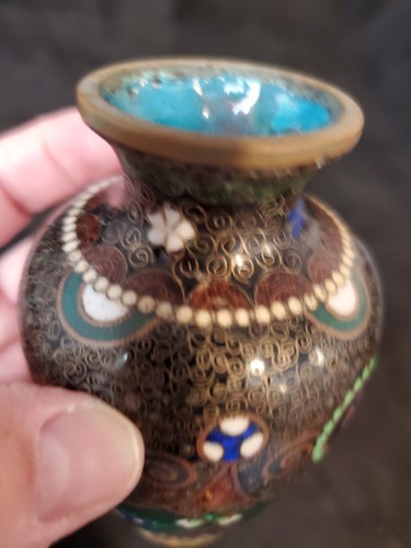 Antique Chinese Cloisonne Vase Multi Color Beautiful Design Blue Interior - Picture 16 of 24