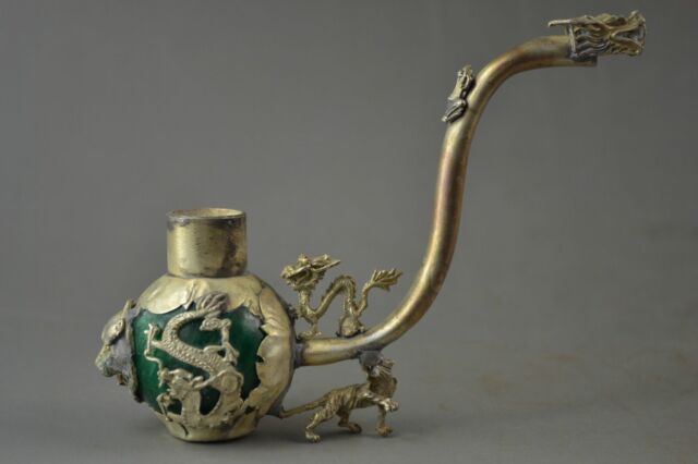 Collectible Decorated Old Handwork Jade & Tibet Silver Dragon Smoking Pipe