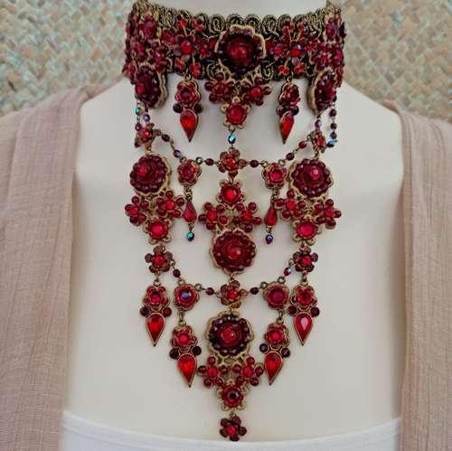 Michal Negrin Choker Bib Red Victorian Velvet Dramatic Chandelier Waterfall WOW - Picture 18 of 21