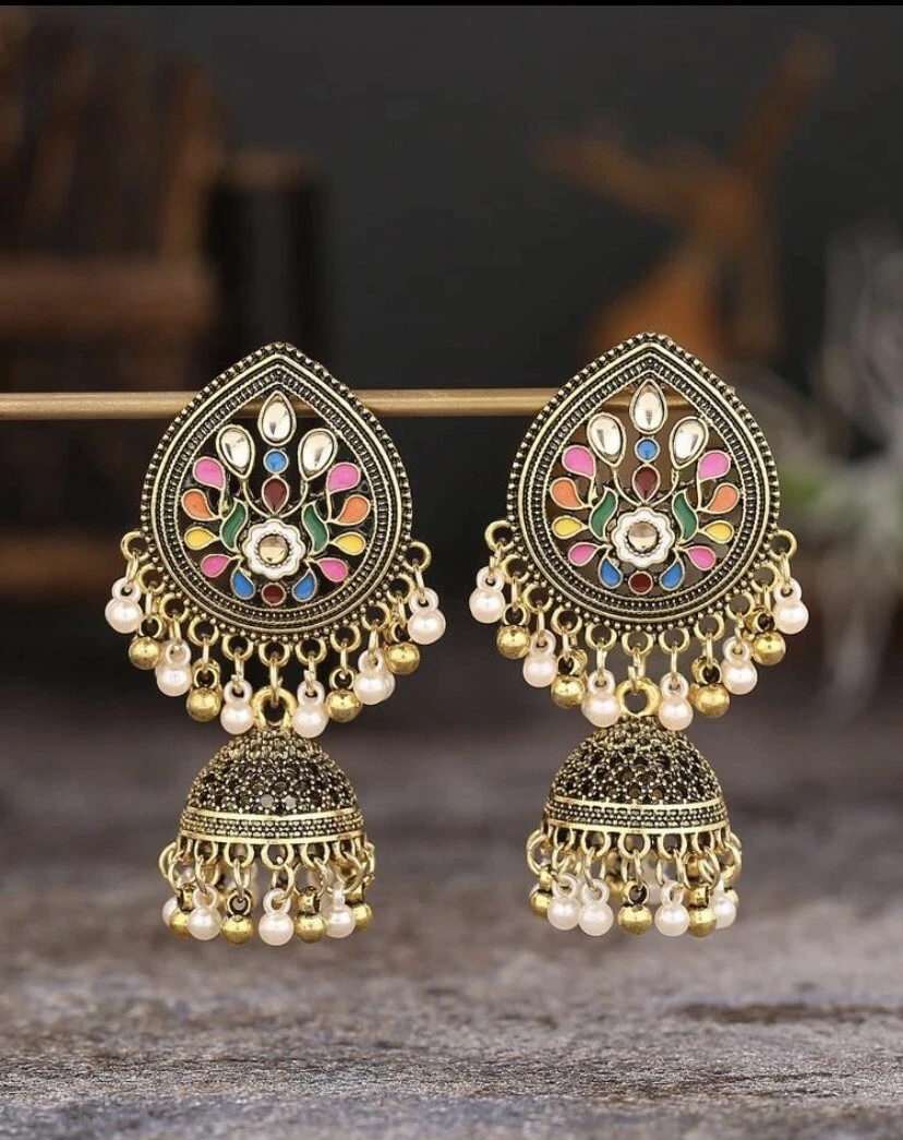 Bronze Gold Tassel Boho Drop Dangle Statement Earrings Indian Jhumka Jumka Uk