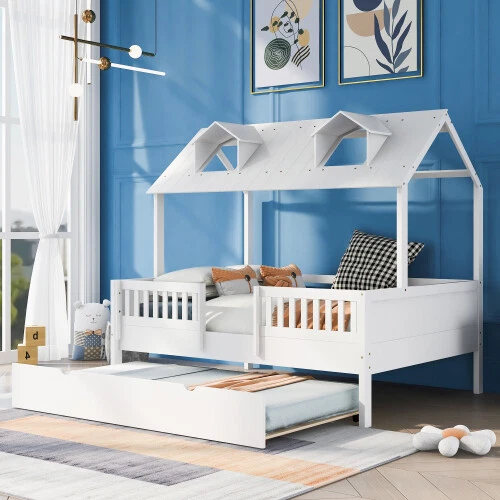 Twin Full Size House Bed with Trundle Wooden Platform Bed Frames