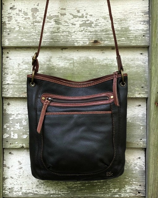 THE SAK Black/Brown PEBBLED LEATHER Zip Crossbody HOBO Shoulder Bag M