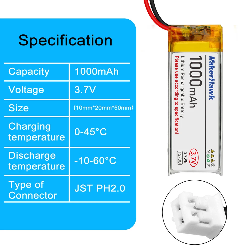 4 Pack 3,7 V 1000 mAh LiPo-Akku wiederaufladbarer 1S 3C 102050 Lithium-Polymer - Bild 3 von 4