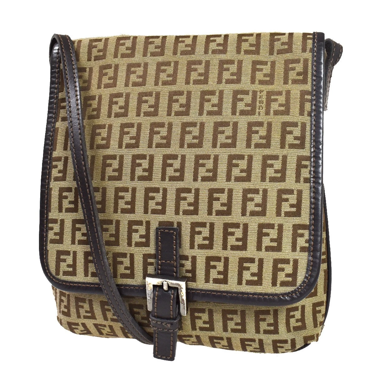 FENDI Logo Zucchino Zucca Pattern Shoulder Bag Canvas Leather Brown 88YD047