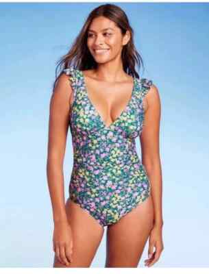 NWT Women's Kona Sol Ruffle Shoulder Ruched One Piece Swimsuit Multi XS 0-2