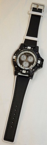NEW Geneva 3251 Men's Classy Black Leather Floating Crystals Bling Large Watch - Picture 2 of 3