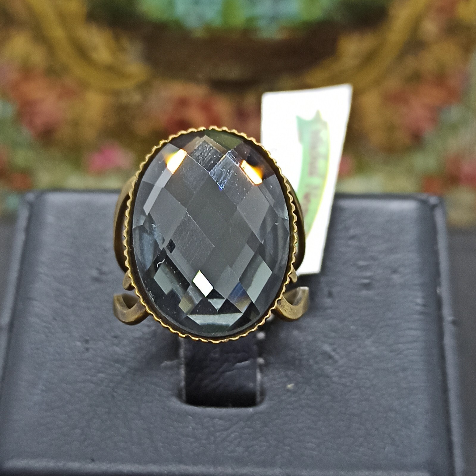 Michal Negrin Ring Oval Cocktail Gray Glass Crystal Cabochon Retro New Gift Box