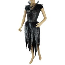 HEXE KOSTÜM DAMEN Halloween Karneval Schwarzes Gothik Vampir Kleid Feder Kragen