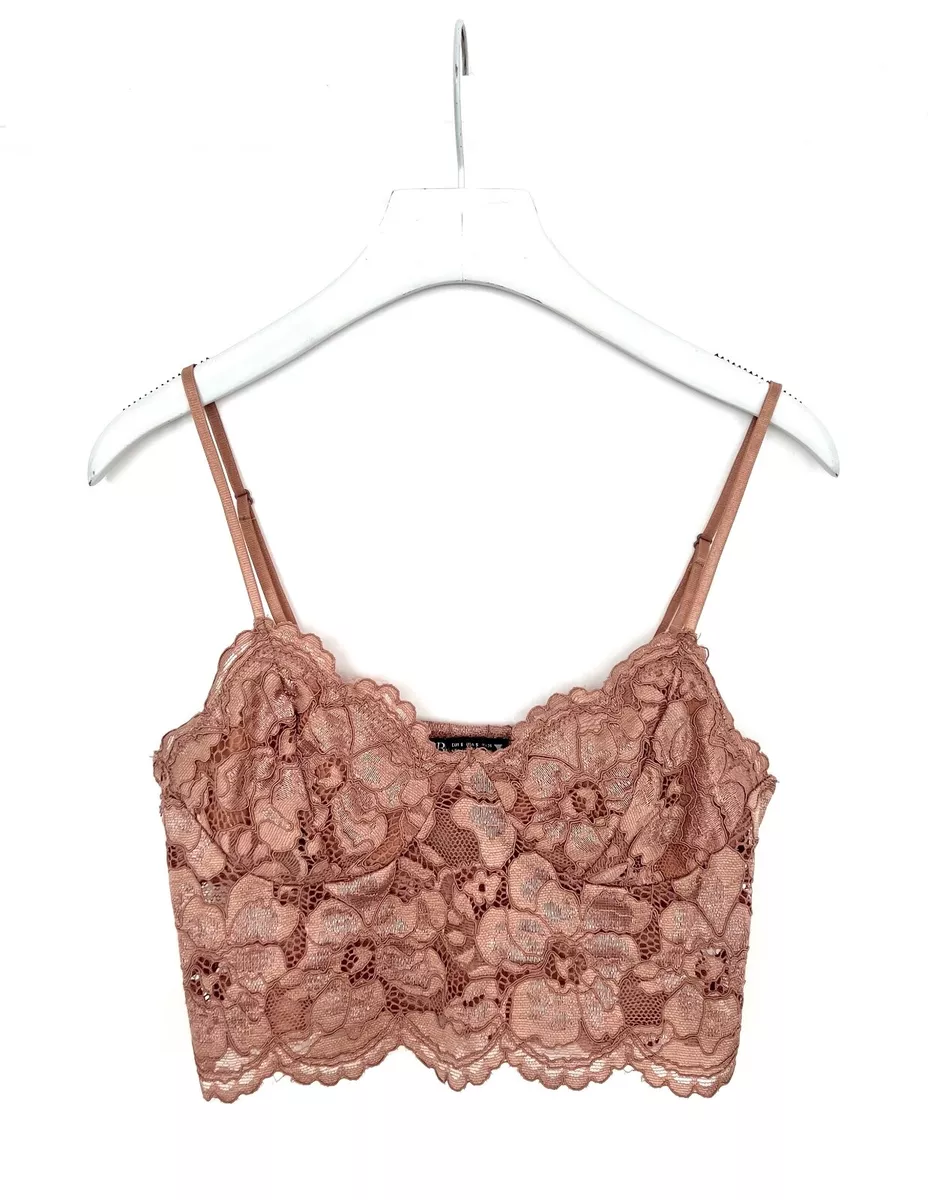 ZARA LACE V-NECK BUSTIER CROP TOP Nude Pink FLORAL BRALETTE Size S UK 8-10  Rare!