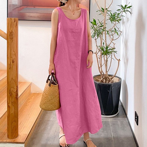 Summer Women Cotton Linen Sleeveless Dress Ladies Casual Crew Neck Maxi Sundress - Picture 25 of 40
