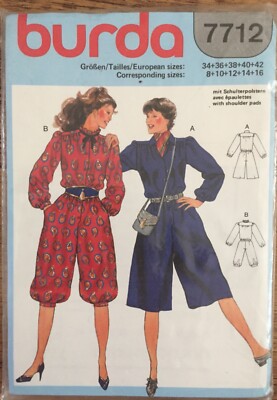 Vintage 80er Jahre Burda 7712 Bluse & Knickerbocker Crop Hose Schnittmuster 8-16