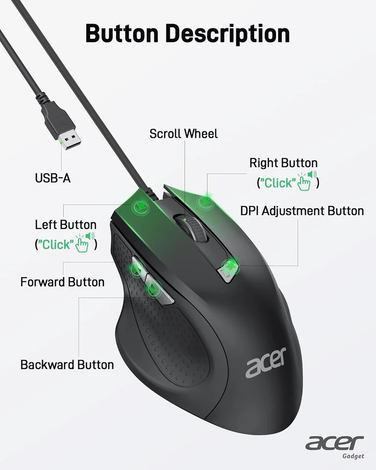 acer Wired Mouse, Ergonomic Computer Mouse with 6 Buttons, 4 Adjustable black - Image 4 of 4
