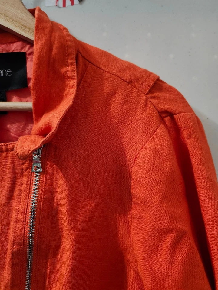 Chaqueta Karen Kane Mujer M Naranja Moto Crop Asimétrica Cremallera Mezcla de Lino Bolsillos Foto 4 de 4