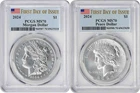 2024 Morgan and Peace Silver Dollar 2-Coin Set MS70 First Day of Issue PCGS