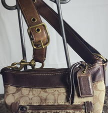 Coach Brown Beige Shoulder Bag, Logo Pattern, Gold Hardware, Bag Charm, Zip