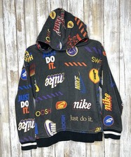 Nike Youth Pullover Hoodie Black Nike Logos All Over Print Sz 6-7 Years