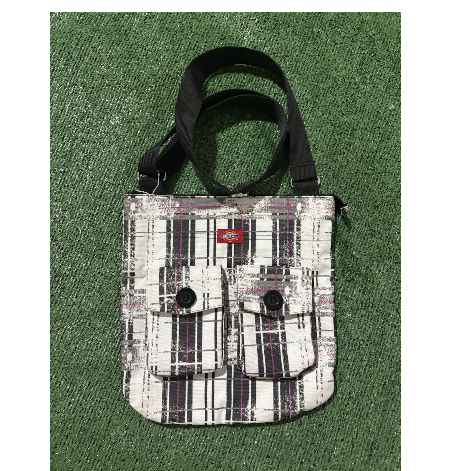 Dickies Plaid Shoulder Bag Black White Pink Button Zip Closure Pockets Casual
